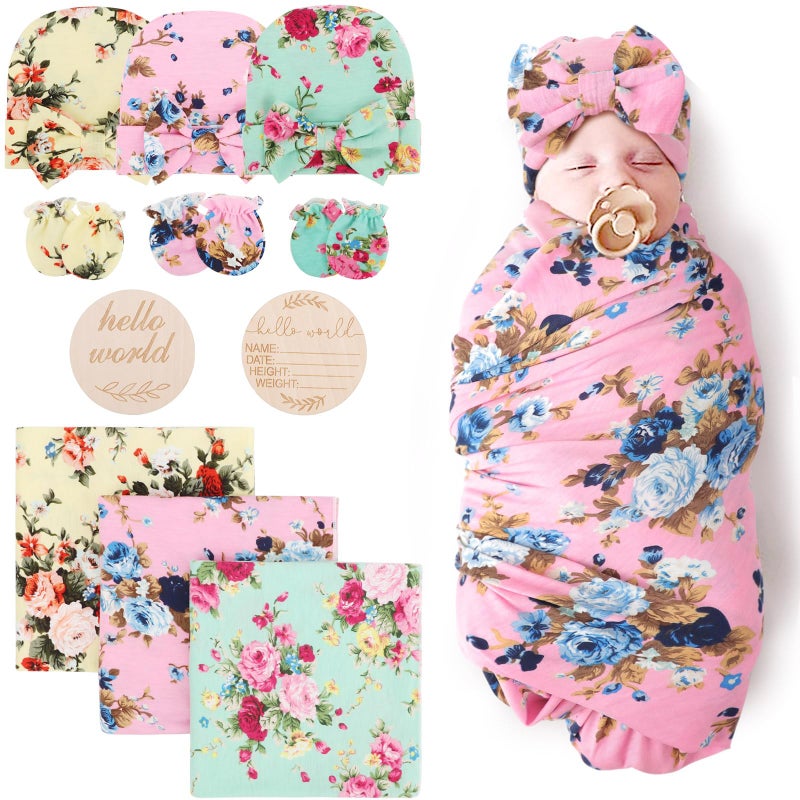 DRESHOW BQUBO Floral Swaddles for Baby Girl Newborn Receiving Blanket with Bow Hat Mittens Wooden Birth Announcement Card Set Baby Floral Print Swaddle Nursery Swaddle Wrap - Image 1