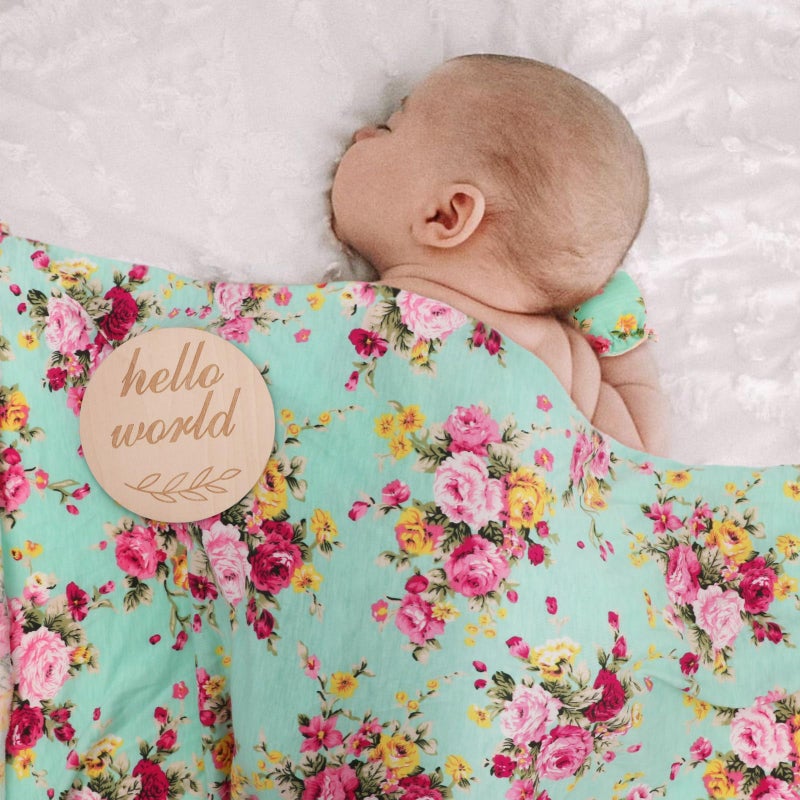 DRESHOW BQUBO Floral Swaddles for Baby Girl Newborn Receiving Blanket with Bow Hat Mittens Wooden Birth Announcement Card Set Baby Floral Print Swaddle Nursery Swaddle Wrap - Image 2