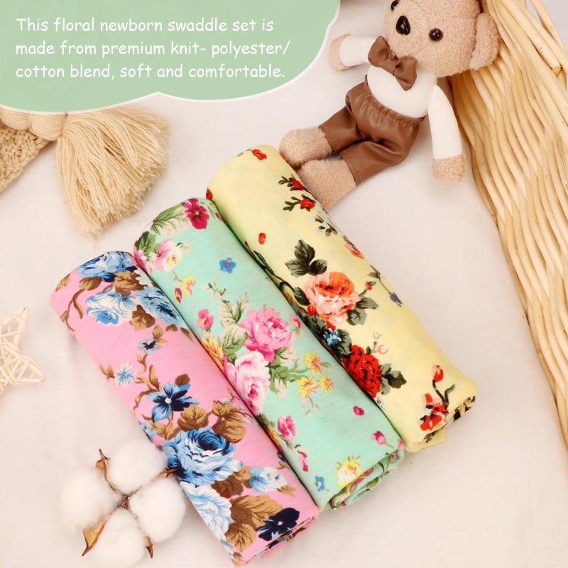 DRESHOW BQUBO Floral Swaddles for Baby Girl Newborn Receiving Blanket with Bow Hat Mittens Wooden Birth Announcement Card Set Baby Floral Print Swaddle Nursery Swaddle Wrap - Image 4