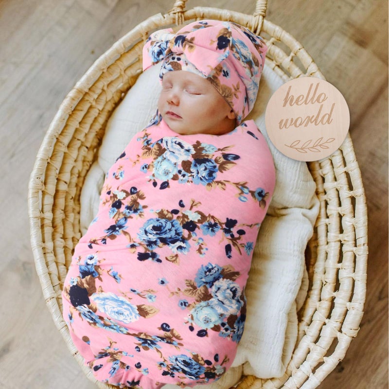 DRESHOW BQUBO Floral Swaddles for Baby Girl Newborn Receiving Blanket with Bow Hat Mittens Wooden Birth Announcement Card Set Baby Floral Print Swaddle Nursery Swaddle Wrap - Image 3