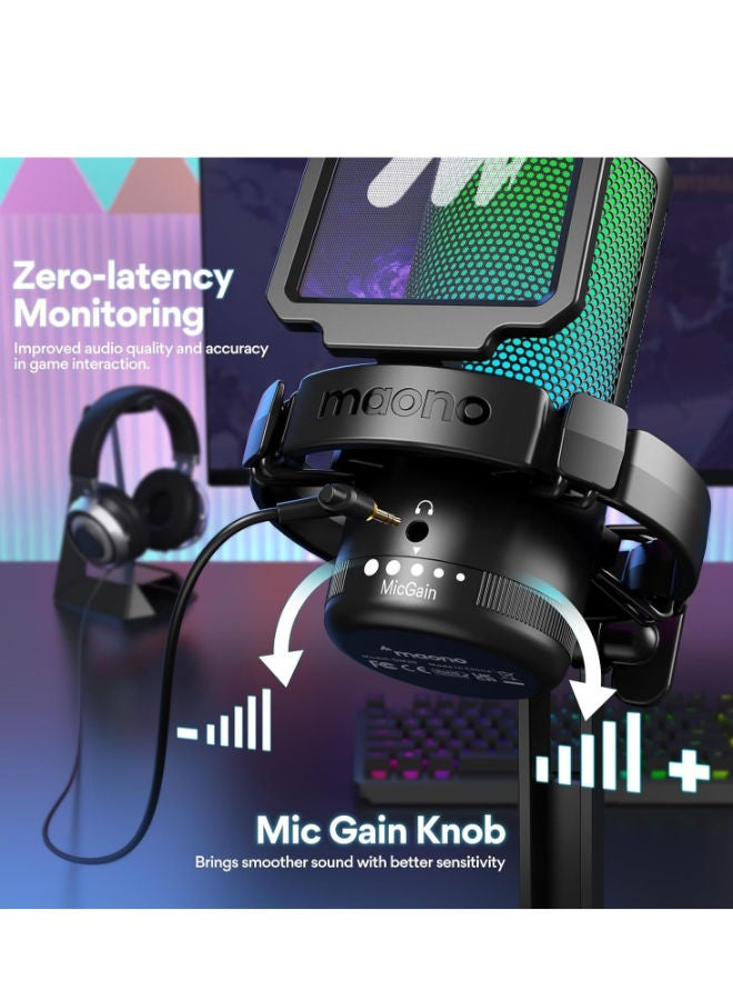 Maono DGM20 Gaming Microphone for PC with Noise Cancellation USB Condenser Mic for Computer, Mac, Laptop, PS5, RGB Lights, Mute, Gain, Monitoring for Streaming, Podcast, Twitch, YouTube, Discord, GamerWave - Image 2