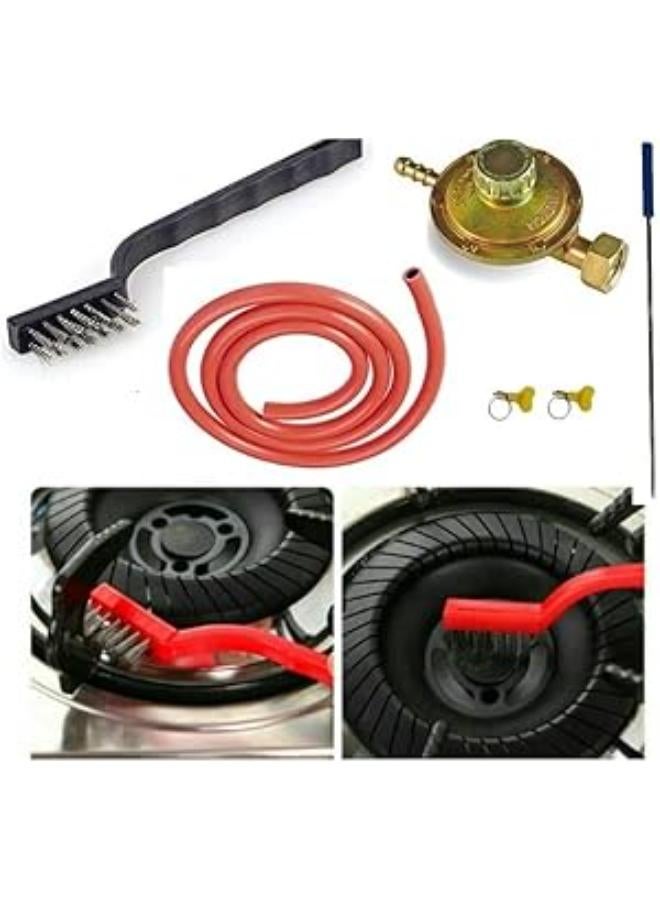 Shams Gas Regulator + 2 Hose Clamps + Alfonia Cleaning Needle + 1.5 Meter Long Hose Supported To Withstand Pressure Up To 90 Bar + Wire Brush For Cleaning