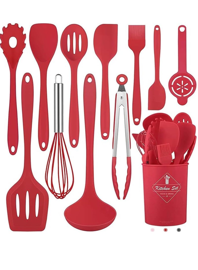 Kitchen set Silicone Cooking Utensils Set, 12 Pieces Food Grade, Heat Resistant Kitchen Utensils Set, Non-Stick Dishwasher Safe, Odourless and Cookware Friendly Utensils Red - Image 1