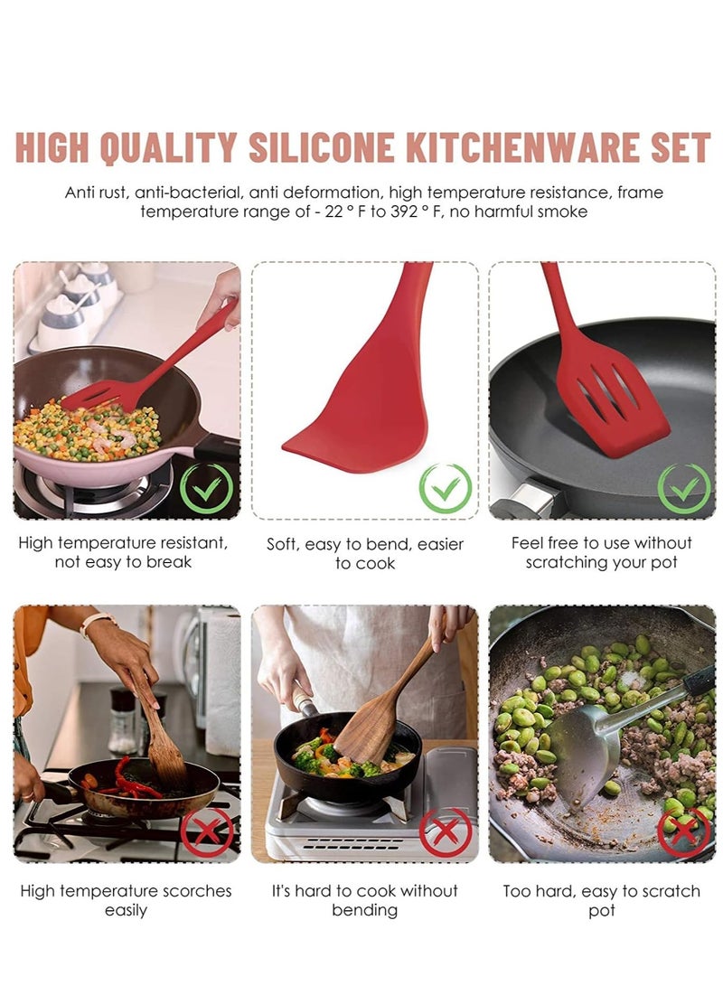 Kitchen set Silicone Cooking Utensils Set, 12 Pieces Food Grade, Heat Resistant Kitchen Utensils Set, Non-Stick Dishwasher Safe, Odourless and Cookware Friendly Utensils Red - Image 2