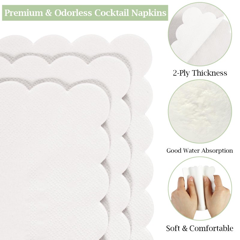 Hoiny 100 Pcs Cocktail Napkins  2-Ply 5 x 5 Inches Disposable Scalloped Napkins  Thick Premium Dessert Napkins for Party  Wedding  Dinner  Birthday  Anniversary  Festival (White) - Image 2