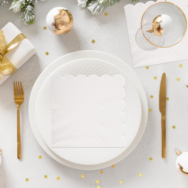 Hoiny 100 Pcs Cocktail Napkins  2-Ply 5 x 5 Inches Disposable Scalloped Napkins  Thick Premium Dessert Napkins for Party  Wedding  Dinner  Birthday  Anniversary  Festival (White) - Image 3