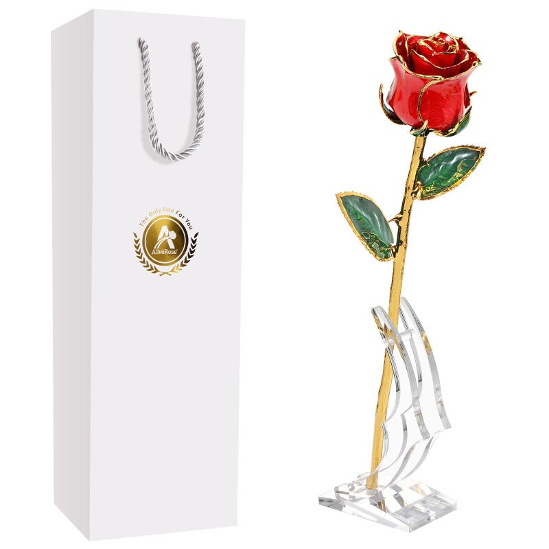 AliveRose Valentines Day Gifts for Her Rose 24K Gold Rose Made from Real Rose Unique Design Gold Plated Rose for Anniversary Valentines Red Original with Stand