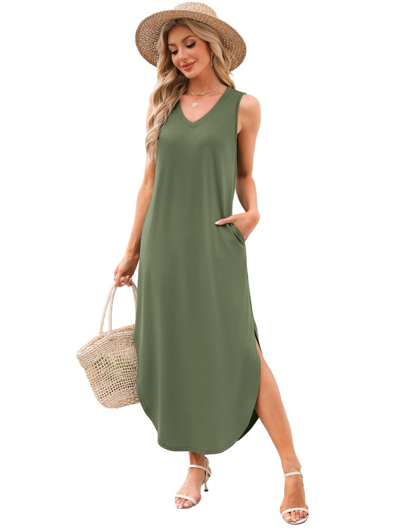 Sampeel Sundresses for Women 2025 Maxi Spring Dresses 2025 Resort Wear for Women with Pockets Army Green M - Image 4
