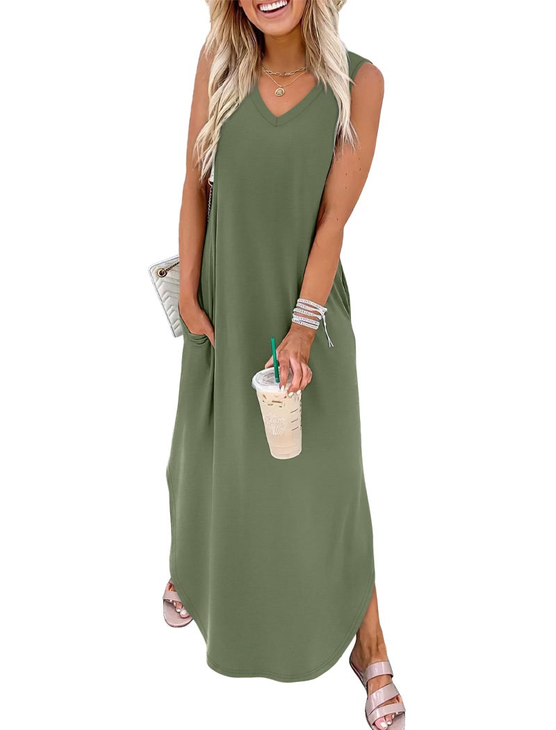 Sampeel Sundresses for Women 2025 Maxi Spring Dresses 2025 Resort Wear for Women with Pockets Army Green M - Image 1