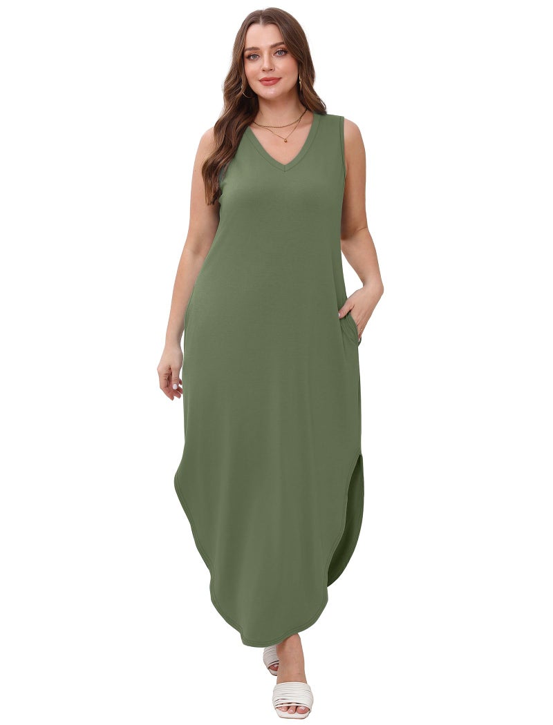 Sampeel Sundresses for Women 2025 Maxi Spring Dresses 2025 Resort Wear for Women with Pockets Army Green M - Image 5