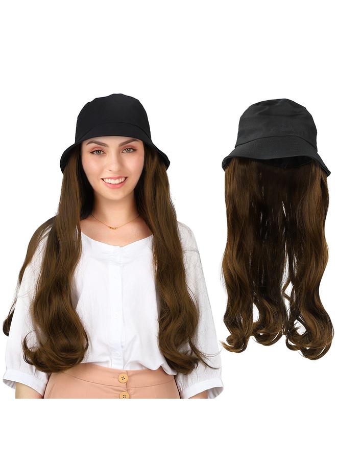 Fashionable Black Bucket Cap Hat Wig Long Curly Hair Extension Outdoor Hairpiece Light Brown  - Image 4