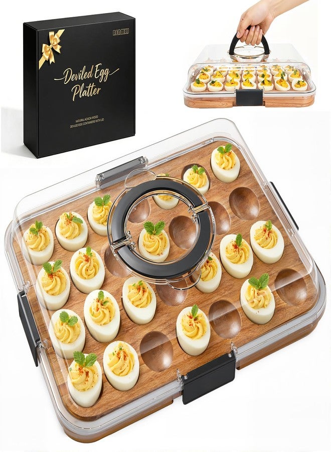 Renmxj Deviled Egg Containers with Lid Easter Gifts Set (28 Eggs), 2026 Upgraded Acacia Wooden Deviled Egg Tray Platter for Party, Home Kitchen Gift for Women, The Lid is Dishwasher Safe (Black) - Image 1