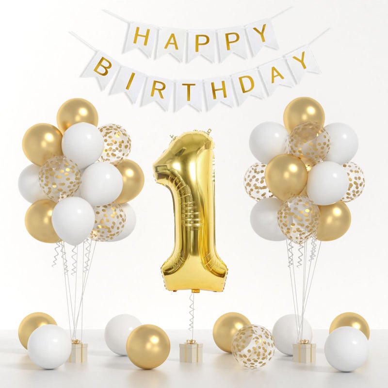Yumiche 1st Birthday Decorations40inch Gold Number 1 Balloon And Happy Birthday Banner With 12inch Metallic Gold White Confetti Balloons For One Year Old Boys Birthday Decorations - Image 2