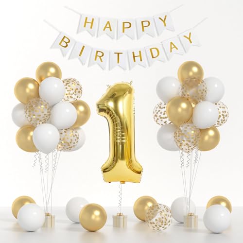 Yumiche 1st Birthday Decorations40inch Gold Number 1 Balloon And Happy Birthday Banner With 12inch Metallic Gold White Confetti Balloons For One Year Old Boys Birthday Decorations - Image 1