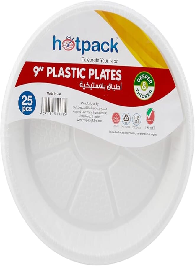 Hotpack Disposable White Plastic Plates Round 9 inch, 25 Pieces