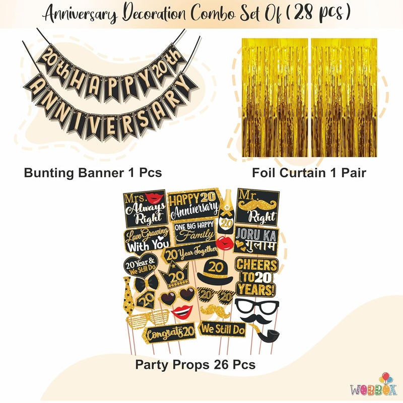 Wobbox Happy Anniversary Bunting Banner Black & Copper Gold Text with Hanging Stars 20th Year with Happy Anniversary Party Props & Golden Colour Foil Fringe, Happy Anniversary Decoration Item - Image 2