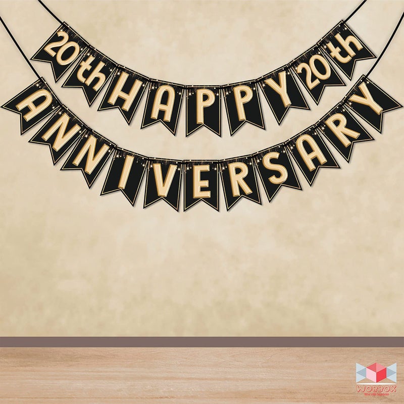 Wobbox Happy Anniversary Bunting Banner Black & Copper Gold Text with Hanging Stars 20th Year with Happy Anniversary Party Props & Golden Colour Foil Fringe, Happy Anniversary Decoration Item - Image 4