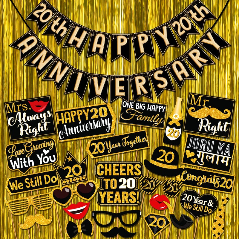 Wobbox Happy Anniversary Bunting Banner Black & Copper Gold Text with Hanging Stars 20th Year with Happy Anniversary Party Props & Golden Colour Foil Fringe, Happy Anniversary Decoration Item - Image 1