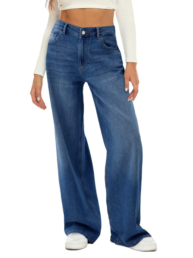 HDLTE Women Wide Leg Jeans High Waist Baggy Jeans Loose Boyfriend Jeans Denim Pants Y2K 90s Deep Blue