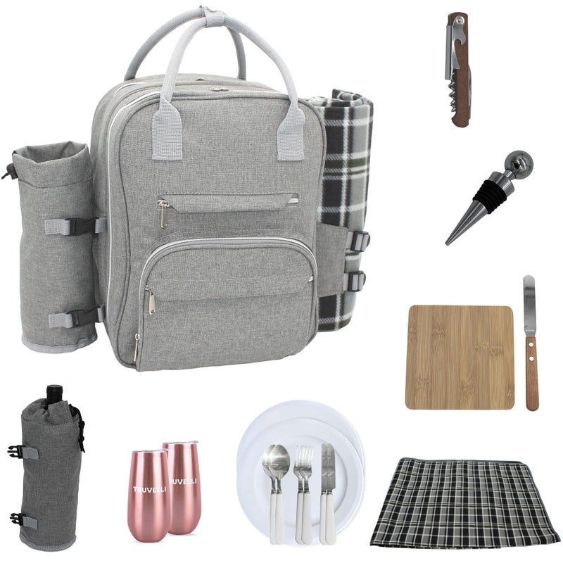 Plush Picnic Truvelli Picnic Backpack for 2 with Blanket  12in1 Insulated Picnic Basket Backpack Set with Wine Holder Cutlery  Cheese Board  Luxury Picnic Back Pack for Couples Outdoor Adventures Gray 
