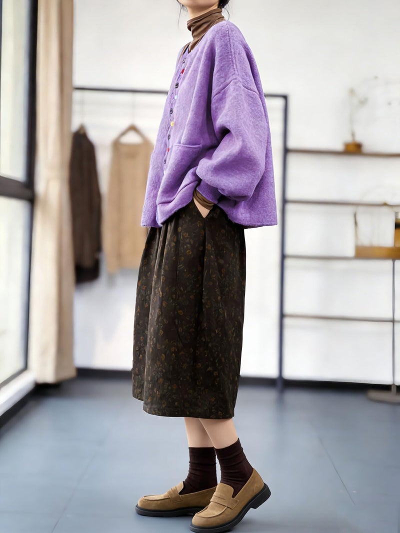 utcoco Women's Casual Loose Knit Cardigan Oversized Colorful Button Puff Sleeve Sweater Top with Pockets (Medium, Purple) - Image 3
