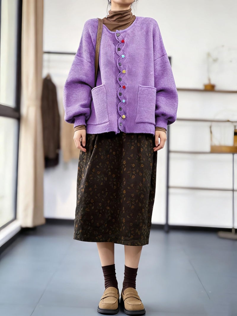 utcoco Women's Casual Loose Knit Cardigan Oversized Colorful Button Puff Sleeve Sweater Top with Pockets (Medium, Purple) - Image 2