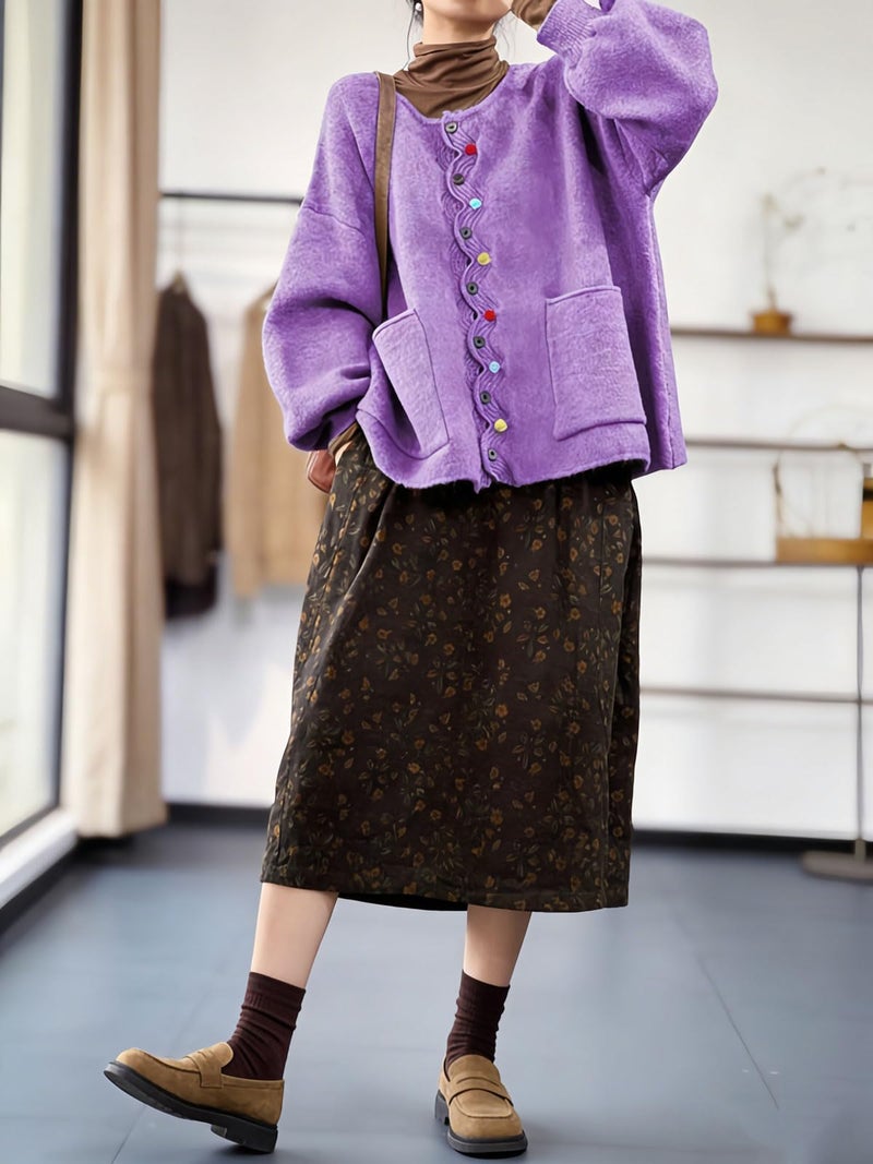 utcoco Women's Casual Loose Knit Cardigan Oversized Colorful Button Puff Sleeve Sweater Top with Pockets (Medium, Purple) - Image 5