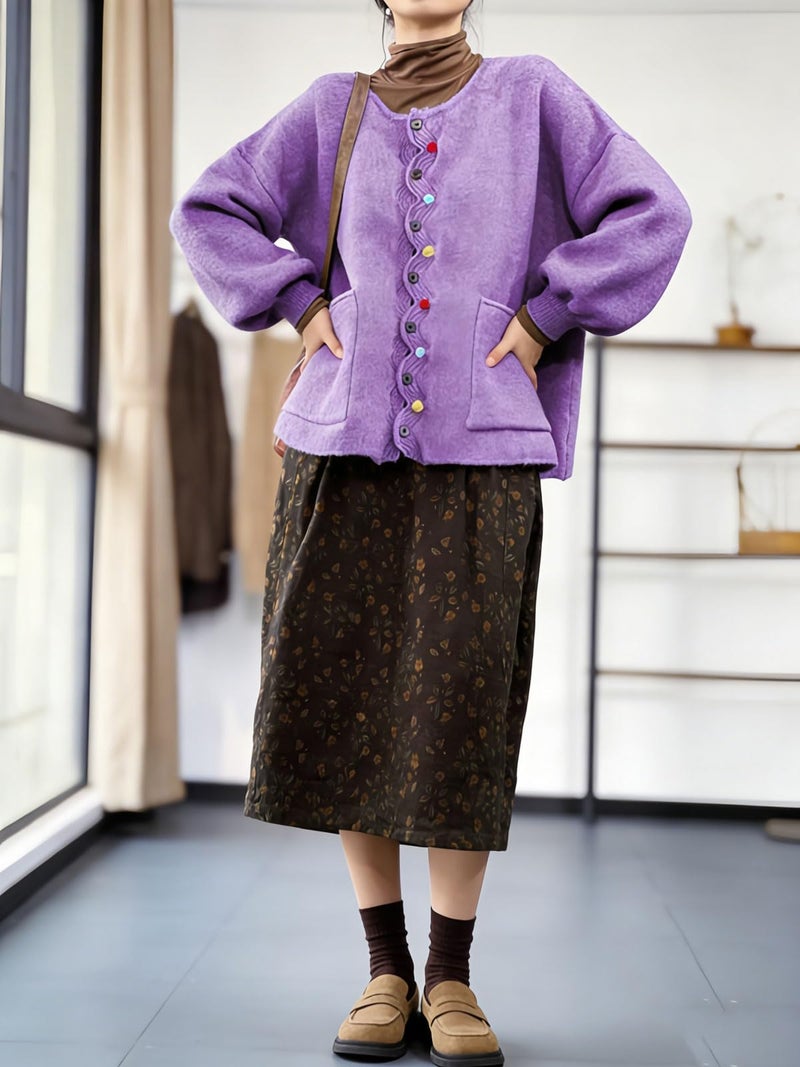 utcoco Women's Casual Loose Knit Cardigan Oversized Colorful Button Puff Sleeve Sweater Top with Pockets (Medium, Purple) - Image 4