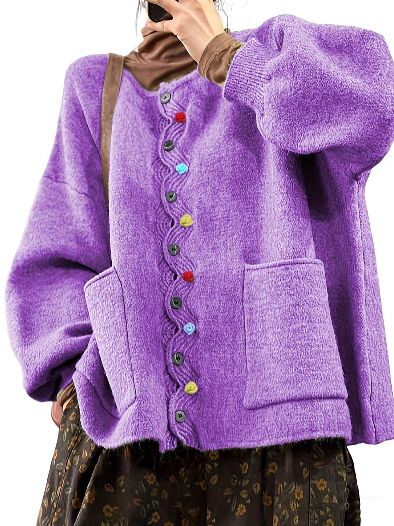 utcoco Women's Casual Loose Knit Cardigan Oversized Colorful Button Puff Sleeve Sweater Top with Pockets (Medium, Purple) - Image 1