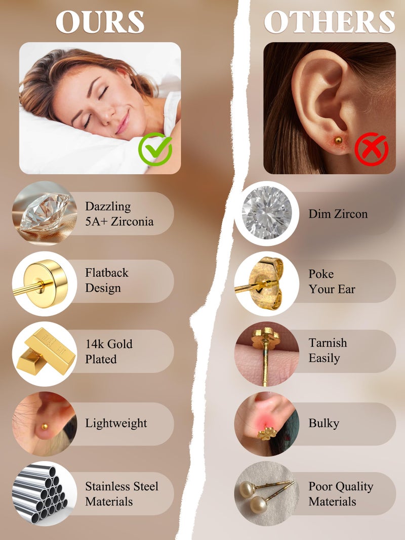 Sanfenly Stud Earrings Small Gold Hoop Earrings Set for Women Flat Back Earring Hypoallergenic Cartilage Earring Lightweight Dainty 14K Gold Stud Earrings for Multiple Piercing Set (Single 13 PCS) - Image 5