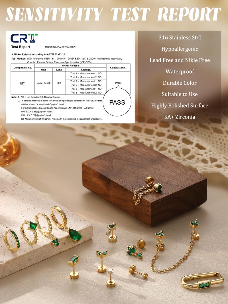 Sanfenly Stud Earrings Small Gold Hoop Earrings Set for Women Flat Back Earring Hypoallergenic Cartilage Earring Lightweight Dainty 14K Gold Stud Earrings for Multiple Piercing Set (Single 13 PCS) - Image 2