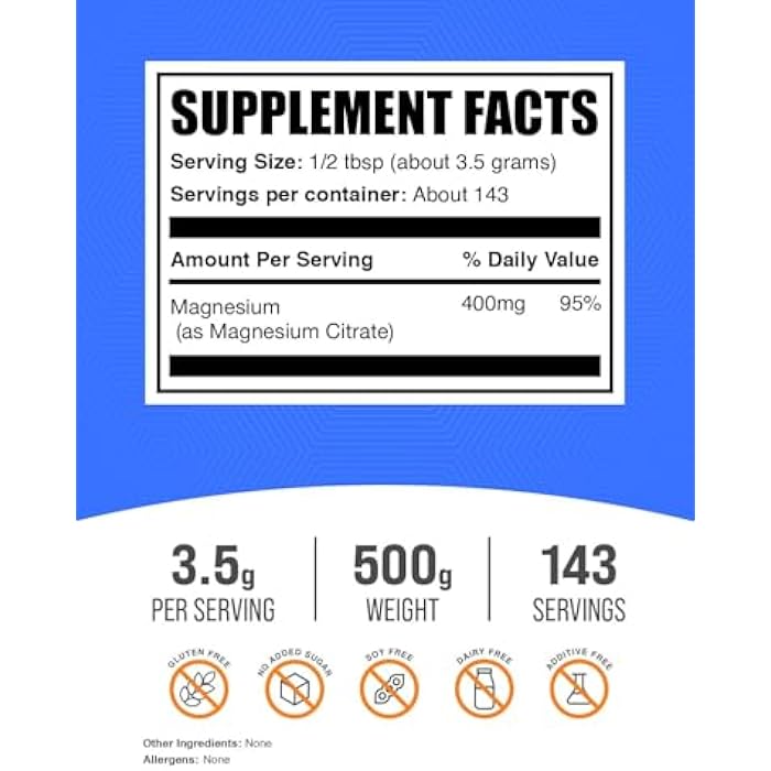 BulkSupplements.com Magnesium Citrate Powder - Magnesium Supplement, Mineral Supplement - Pure & Gluten Free, 3.5g per Serving, 500g (1.1 lbs) (Pack of 1) - Image 2