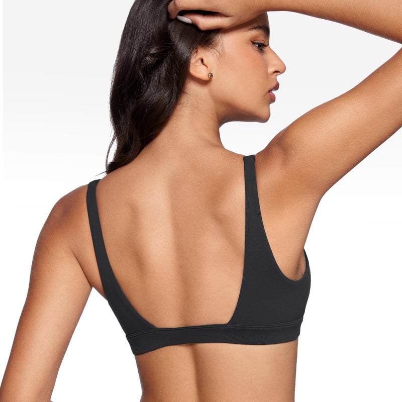 INGIA Womens Deep V-Neck Sports Bra Padded Low Impact Fitness Yoga Bra U Back Wireless Workout Bra Contour Crop Top Black Small - Image 2