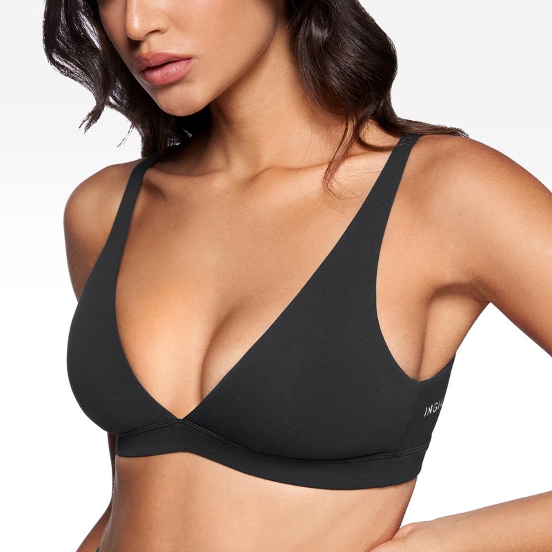 INGIA Womens Deep V-Neck Sports Bra Padded Low Impact Fitness Yoga Bra U Back Wireless Workout Bra Contour Crop Top Black Small - Image 4