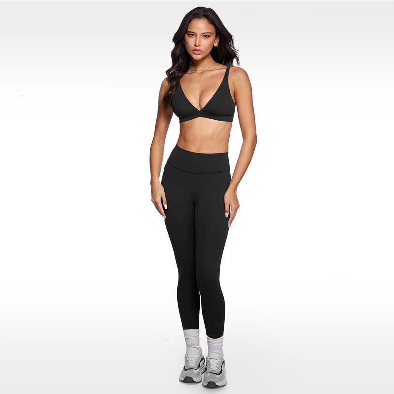 INGIA Womens Deep V-Neck Sports Bra Padded Low Impact Fitness Yoga Bra U Back Wireless Workout Bra Contour Crop Top Black Small - Image 5