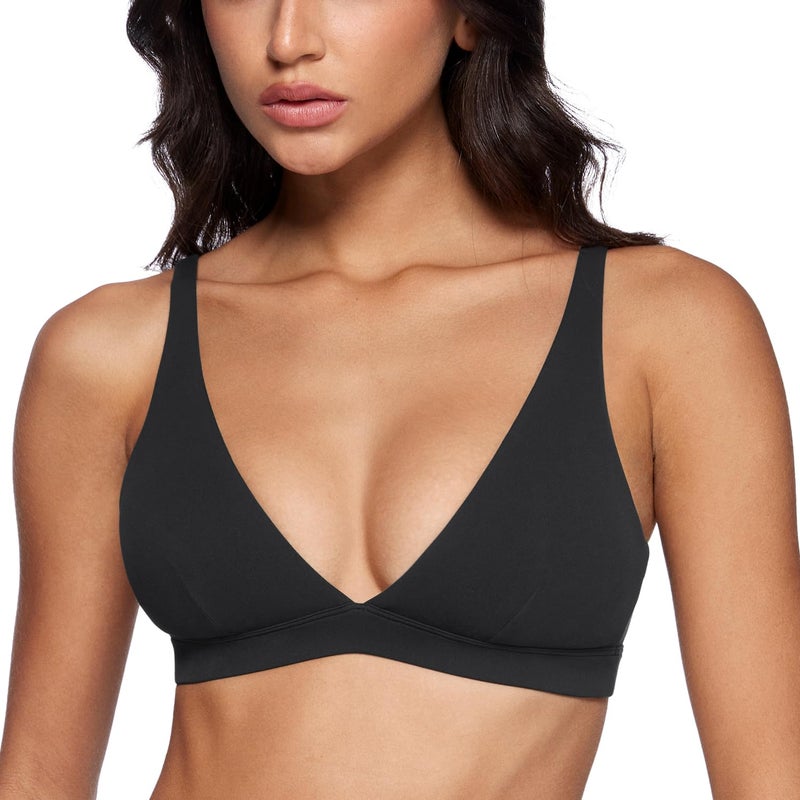 INGIA Womens Deep V-Neck Sports Bra Padded Low Impact Fitness Yoga Bra U Back Wireless Workout Bra Contour Crop Top Black Small - Image 1