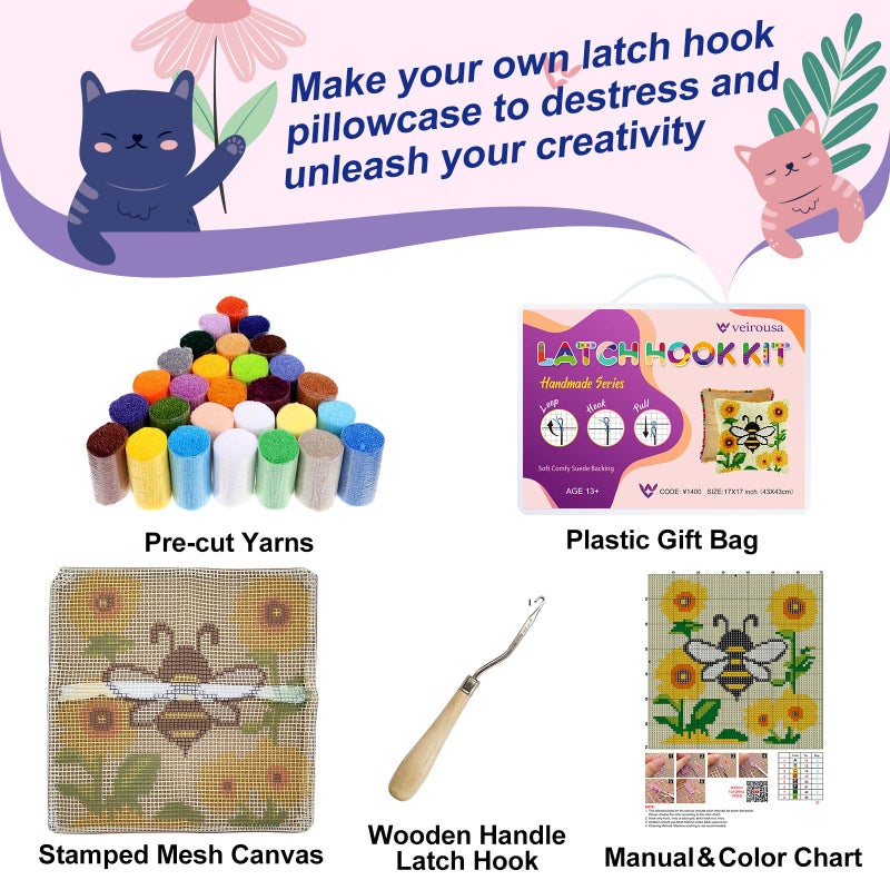 Veirousa Bee Sunflower Latch Hook Kits For Adults Beginners  Pre-Printed Animal Latch Hook Pillow Kit  Craft Rug Making Kits  Diy Embroidery Cushion For Home Sofa Decor & Gift Idea 17X17 In. - Image 2