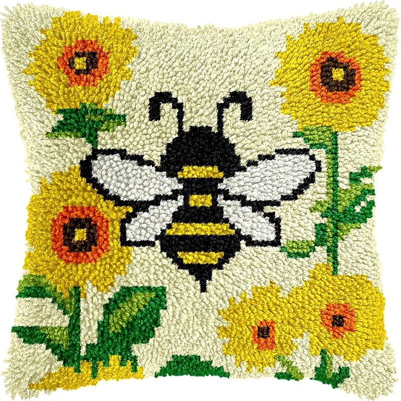 Veirousa Bee Sunflower Latch Hook Kits For Adults Beginners  Pre-Printed Animal Latch Hook Pillow Kit  Craft Rug Making Kits  Diy Embroidery Cushion For Home Sofa Decor & Gift Idea 17X17 In. - Image 1
