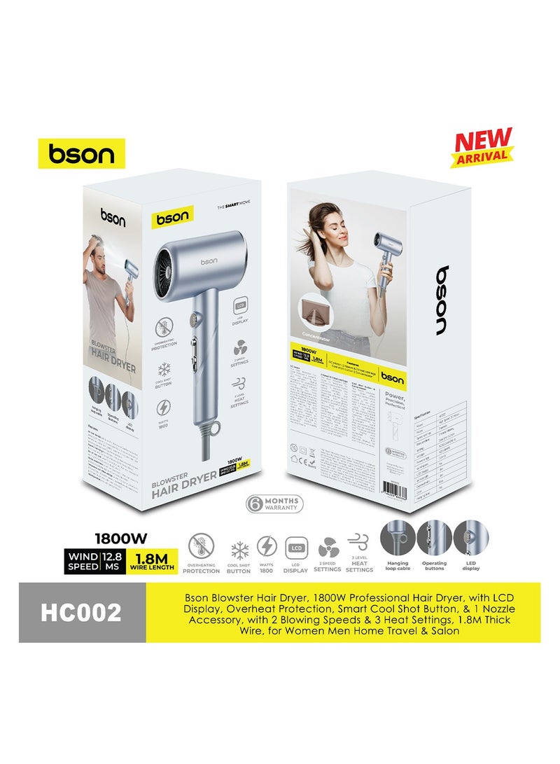 BSON مجفف شعر بلواستر 1800 واط مع شاشة LCD وميزة الهواء البارد - أداة تصفيف هادئة مع 3 مستويات حرارة، حماية من السخونة الزائدة، ملحق فوهة وسلك سميك بطول 1.8 متر للاستخدام المنزلي، في الصالون والسفر (أزرق فاتح) - Image 5