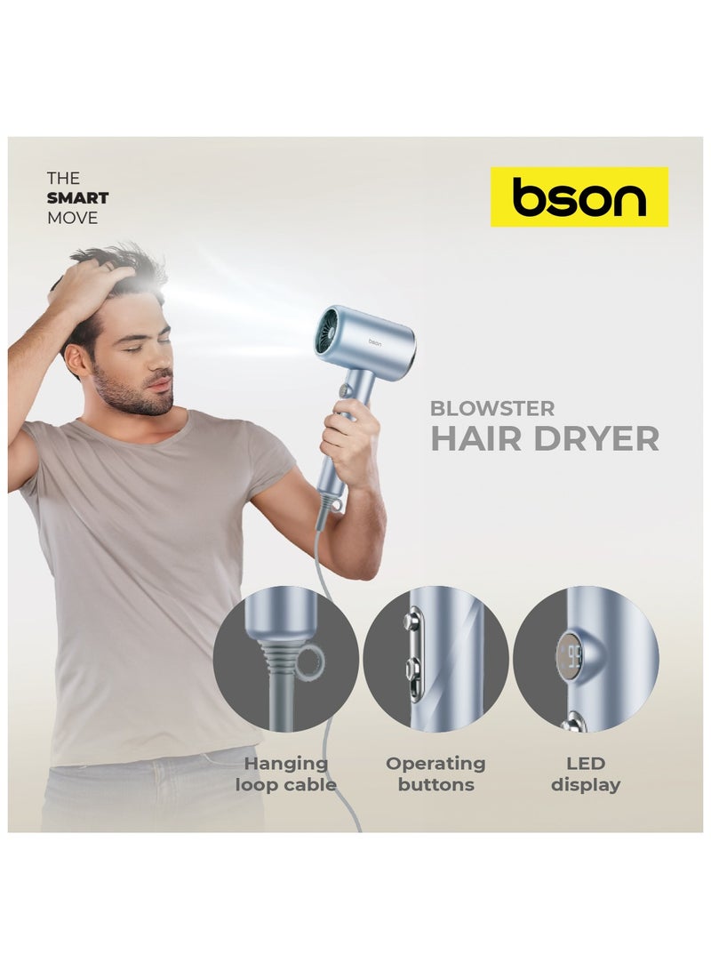 BSON مجفف شعر بلواستر 1800 واط مع شاشة LCD وميزة الهواء البارد - أداة تصفيف هادئة مع 3 مستويات حرارة، حماية من السخونة الزائدة، ملحق فوهة وسلك سميك بطول 1.8 متر للاستخدام المنزلي، في الصالون والسفر (أزرق فاتح) - Image 4
