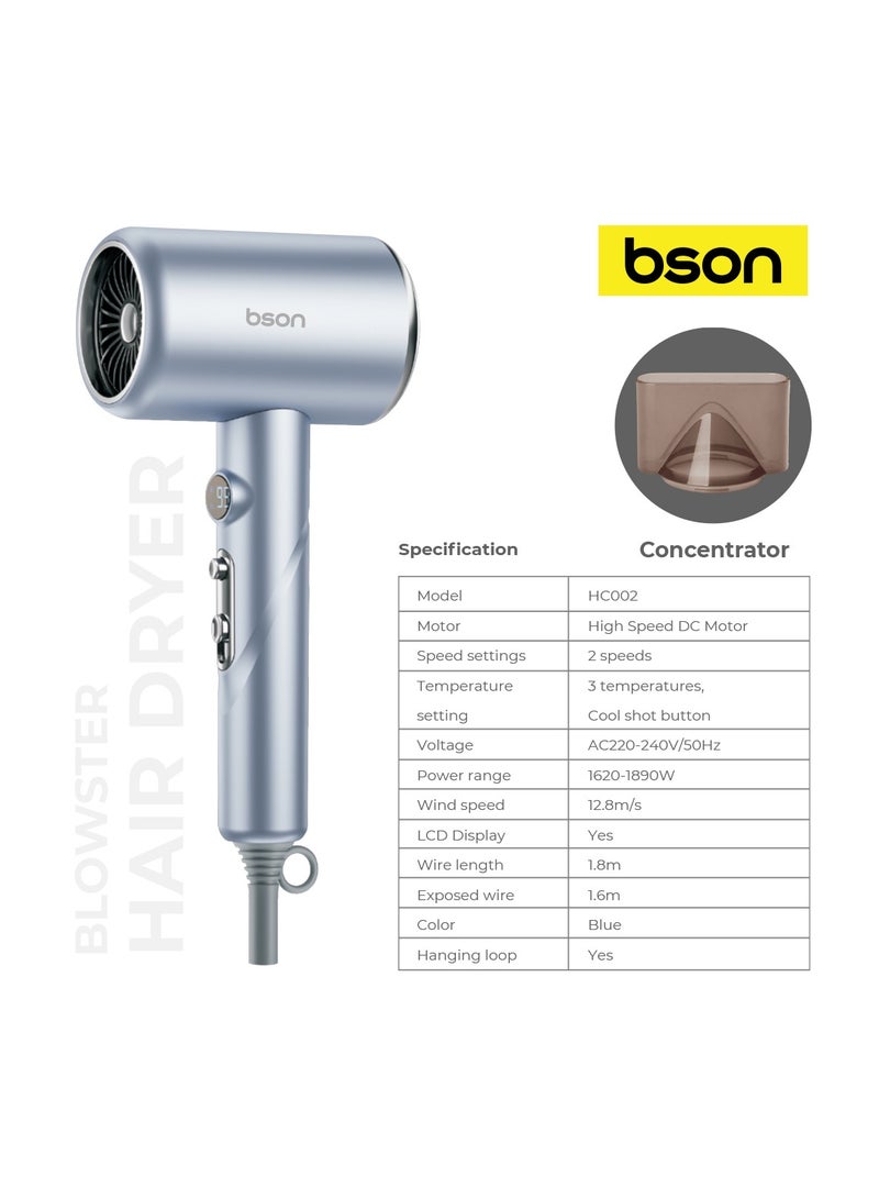 BSON مجفف شعر بلواستر 1800 واط مع شاشة LCD وميزة الهواء البارد - أداة تصفيف هادئة مع 3 مستويات حرارة، حماية من السخونة الزائدة، ملحق فوهة وسلك سميك بطول 1.8 متر للاستخدام المنزلي، في الصالون والسفر (أزرق فاتح) - Image 3
