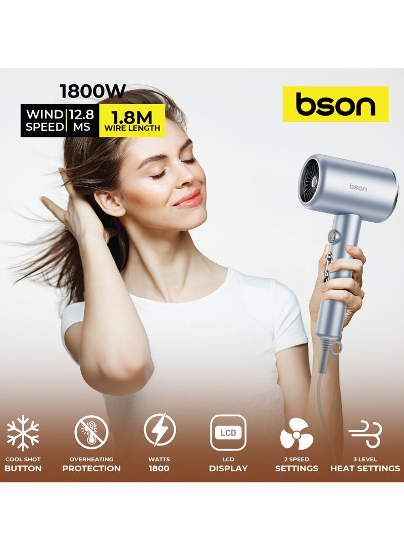 BSON مجفف شعر بلواستر 1800 واط مع شاشة LCD وميزة الهواء البارد - أداة تصفيف هادئة مع 3 مستويات حرارة، حماية من السخونة الزائدة، ملحق فوهة وسلك سميك بطول 1.8 متر للاستخدام المنزلي، في الصالون والسفر (أزرق فاتح) - Image 2