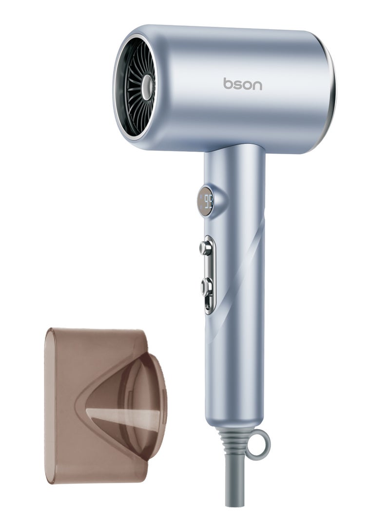 BSON مجفف شعر بلواستر 1800 واط مع شاشة LCD وميزة الهواء البارد - أداة تصفيف هادئة مع 3 مستويات حرارة، حماية من السخونة الزائدة، ملحق فوهة وسلك سميك بطول 1.8 متر للاستخدام المنزلي، في الصالون والسفر (أزرق فاتح) - Image 1