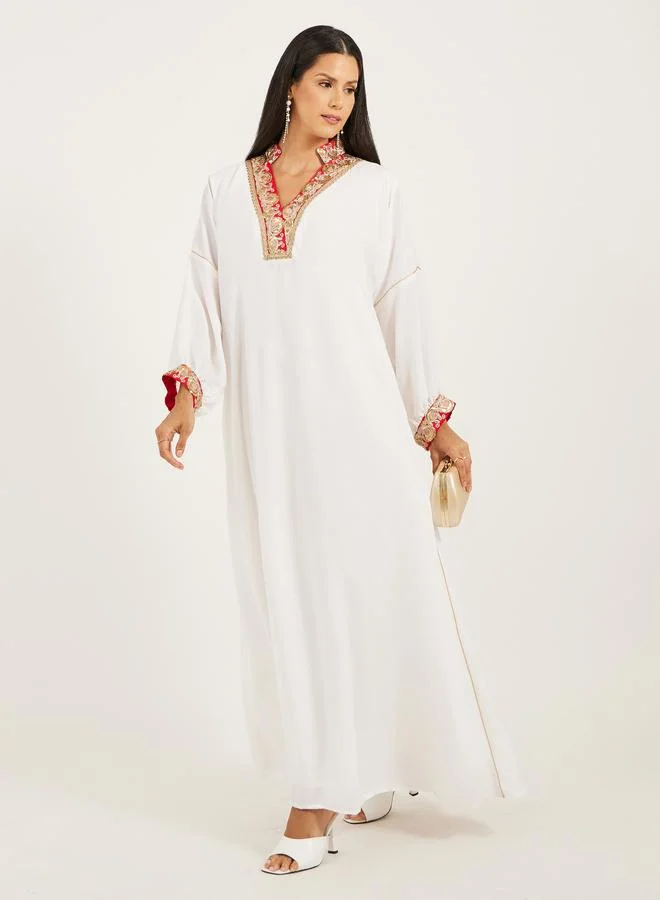 ستايلي Styli Embroidered V-Neck Dropped Shoulder A-Line Kaftan