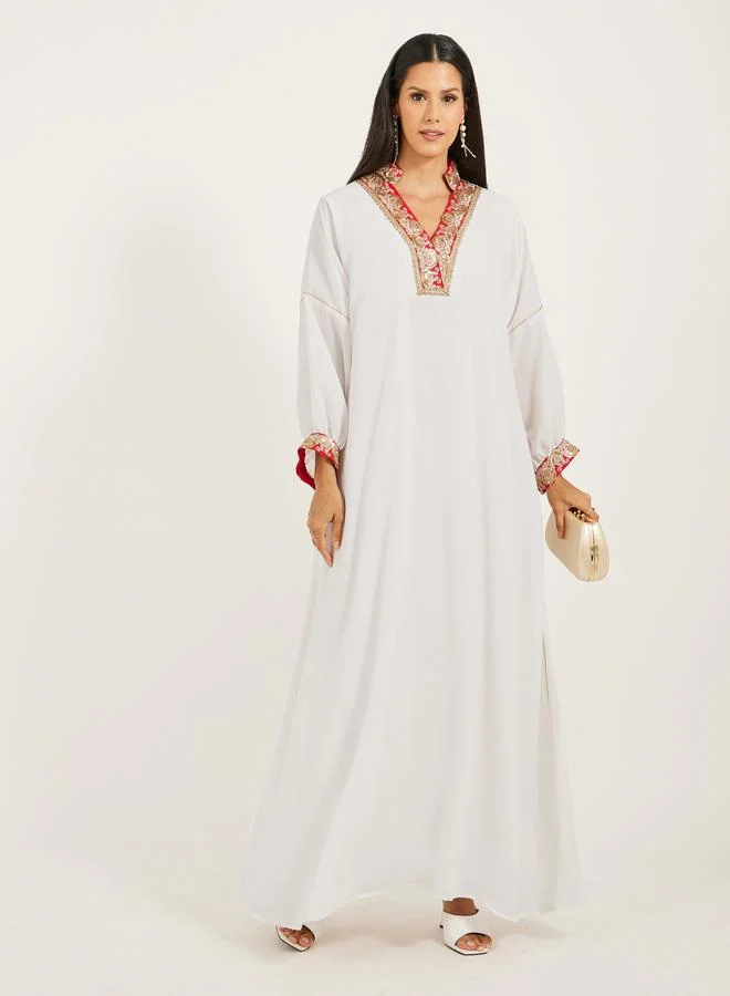 ستايلي Styli Embroidered V-Neck Dropped Shoulder A-Line Kaftan