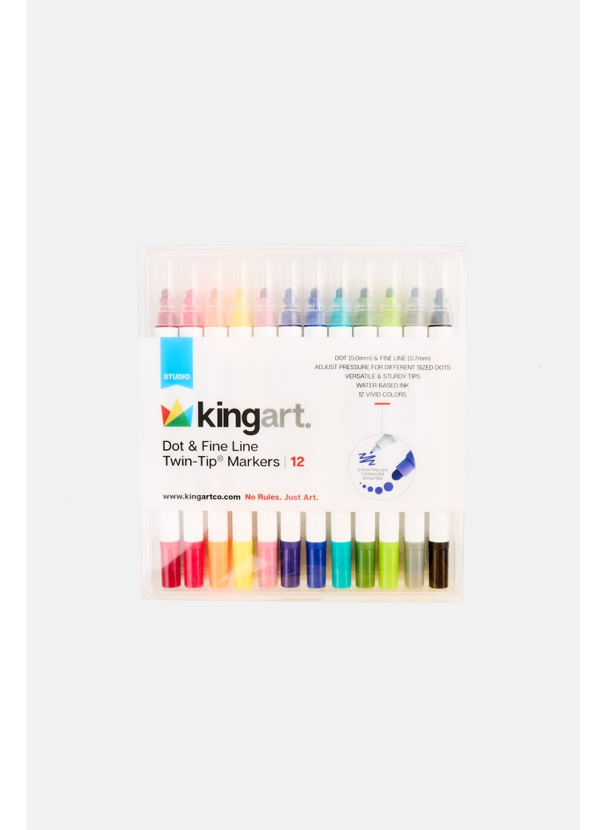KINGART - 12 Piece Dot And Fine Line Twin - Tip Markers, Multicolor - Image 1