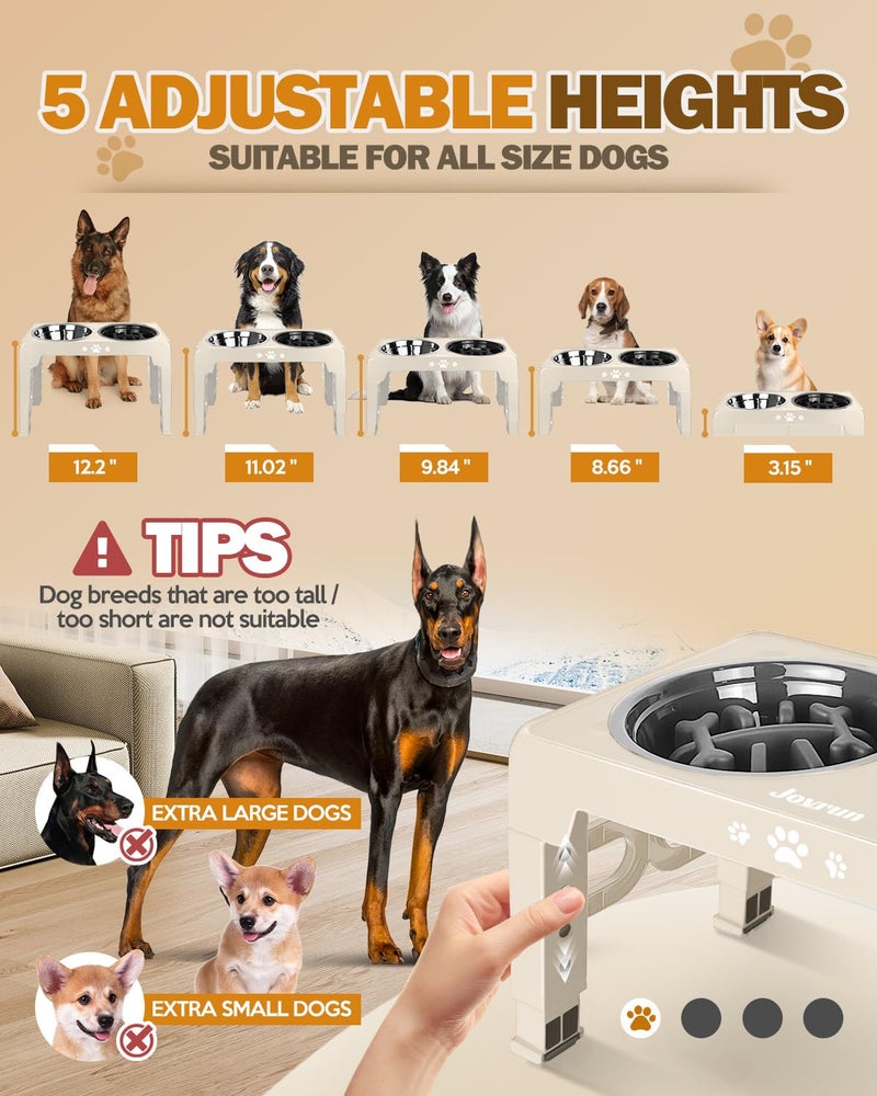Jovrun Elevated Dog Bowls for Medium Size Dogs, Non-Slip Dog Feeder with 1*Stainless Steel Dishes & 1*Slow Feeder Bowl, 5 Heights Adjustable Raised Bowls to 3.15â€³-8.66â€³-9.84â€³-11.02â€³-12.2â€³ - Image 2