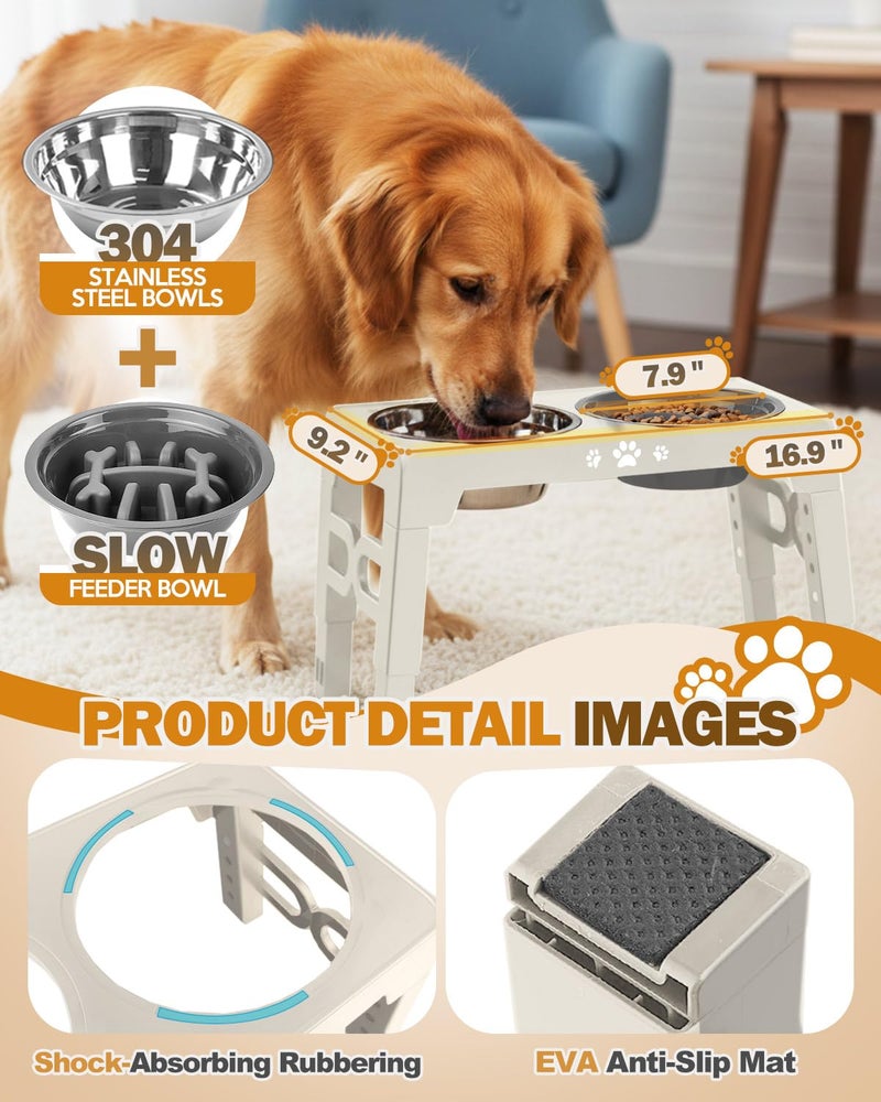 Jovrun Elevated Dog Bowls for Medium Size Dogs, Non-Slip Dog Feeder with 1*Stainless Steel Dishes & 1*Slow Feeder Bowl, 5 Heights Adjustable Raised Bowls to 3.15â€³-8.66â€³-9.84â€³-11.02â€³-12.2â€³ - Image 4