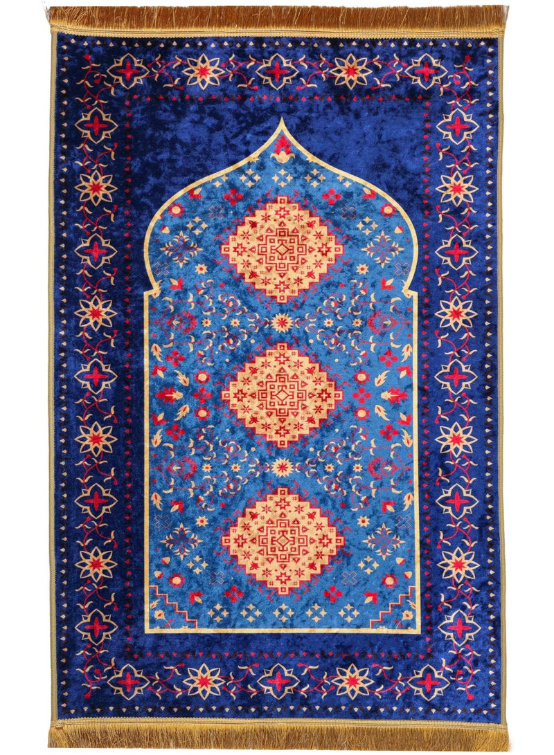 فابينني سجادة صلاة فاخرة 70×110 سم، سجادة إسلامية مخملية مطبوعة بقاعدة مانعة للانزلاق وشرابات لامعة، خفيفة الوزن وقابلة للحمل، هدية لرمضان والعيد والحج والعمرة، أزرق/متعدد الألوان - Image 1