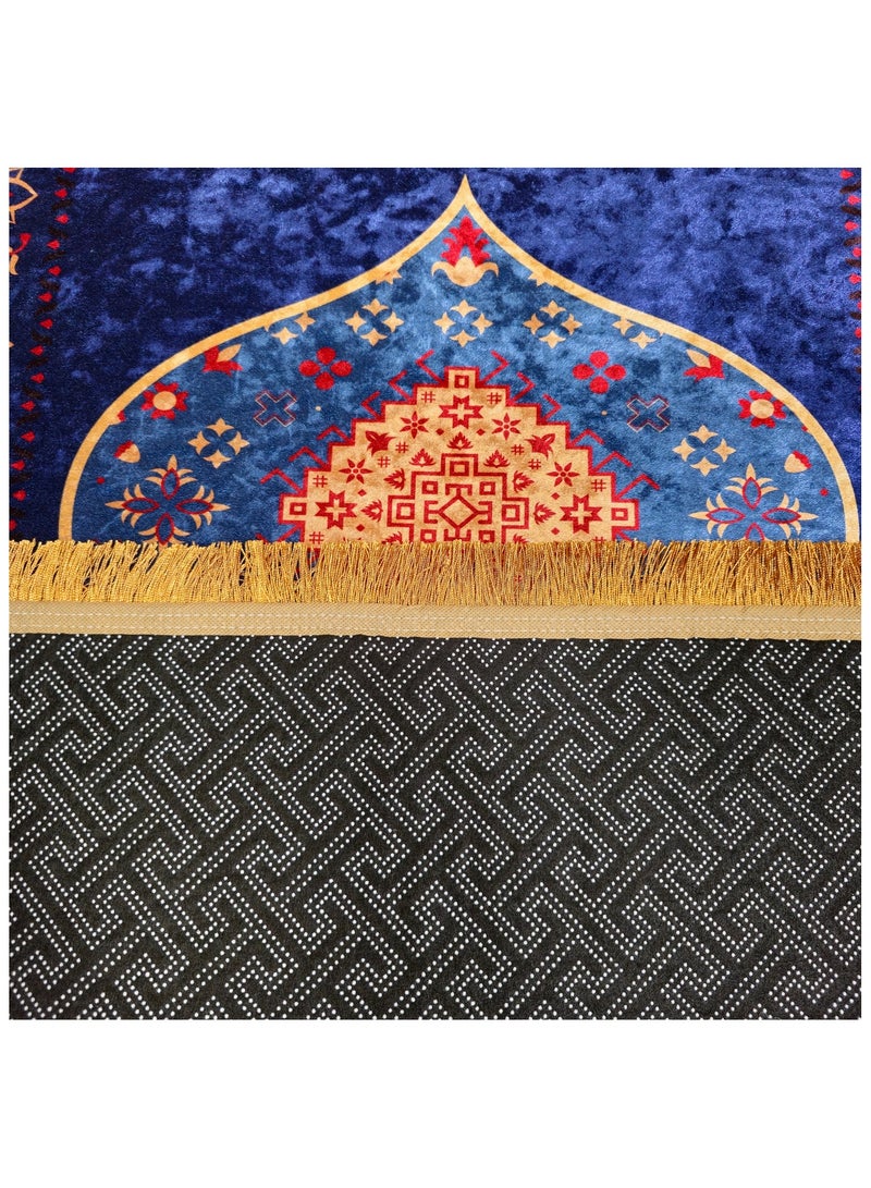 فابينني سجادة صلاة فاخرة 70×110 سم، سجادة إسلامية مخملية مطبوعة بقاعدة مانعة للانزلاق وشرابات لامعة، خفيفة الوزن وقابلة للحمل، هدية لرمضان والعيد والحج والعمرة، أزرق/متعدد الألوان - Image 2